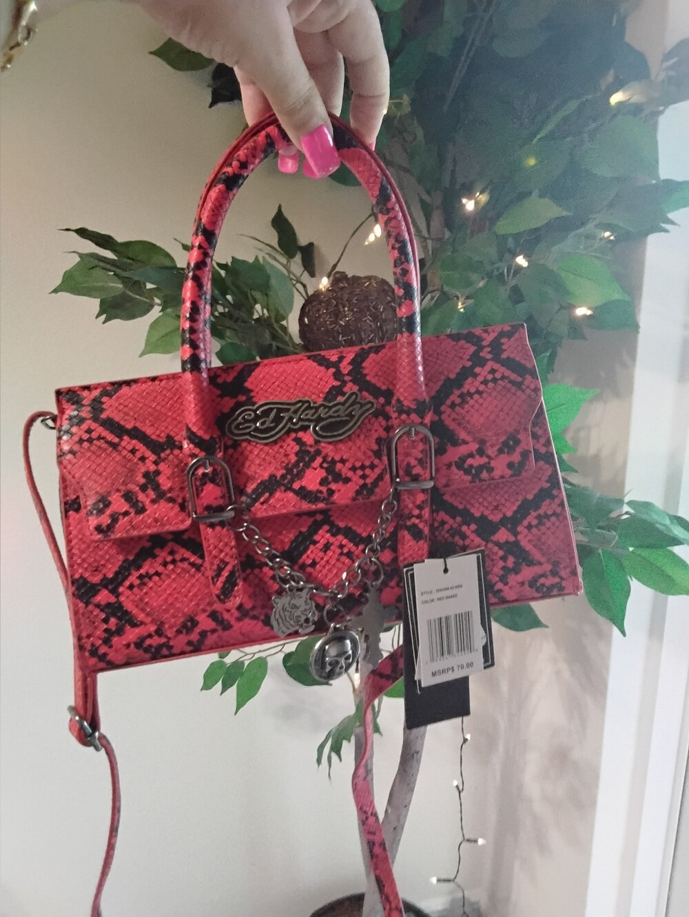Ed Hardy Red Snake-Print Crossbody & Chaincharm